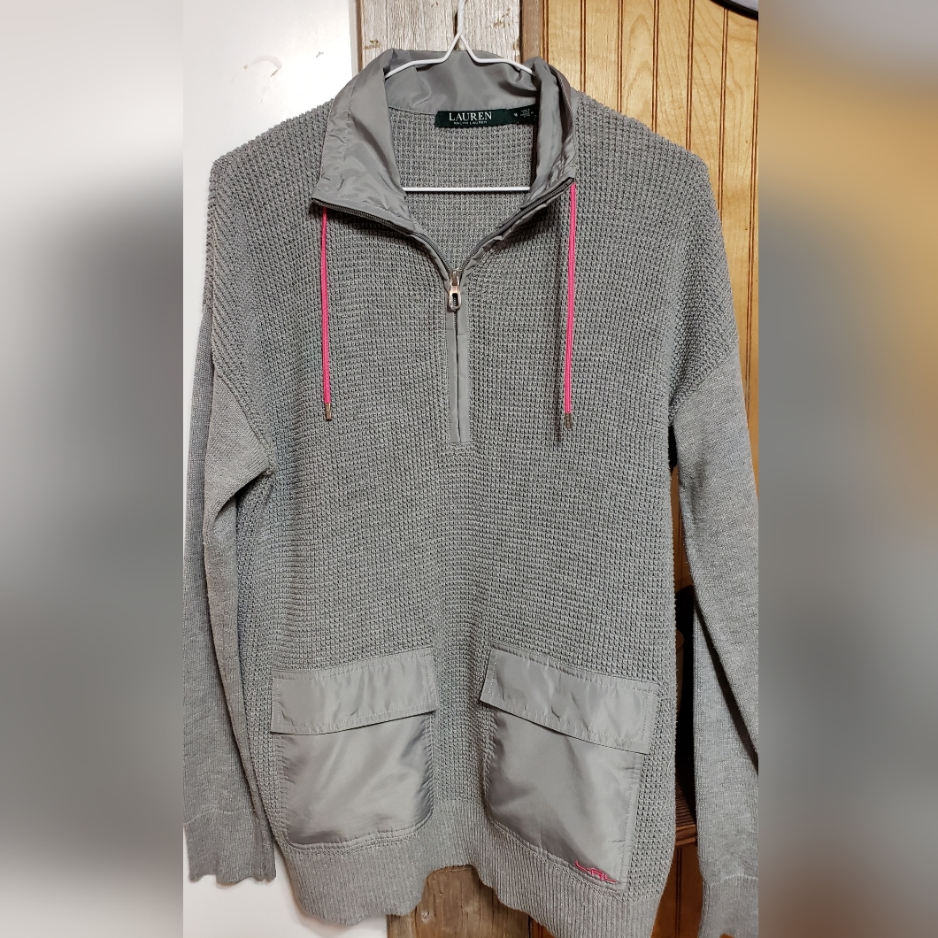 Lauren Ralph Lauren Grey Hooded Pullover Waffle Knit With Hot Pink Drawstrings M